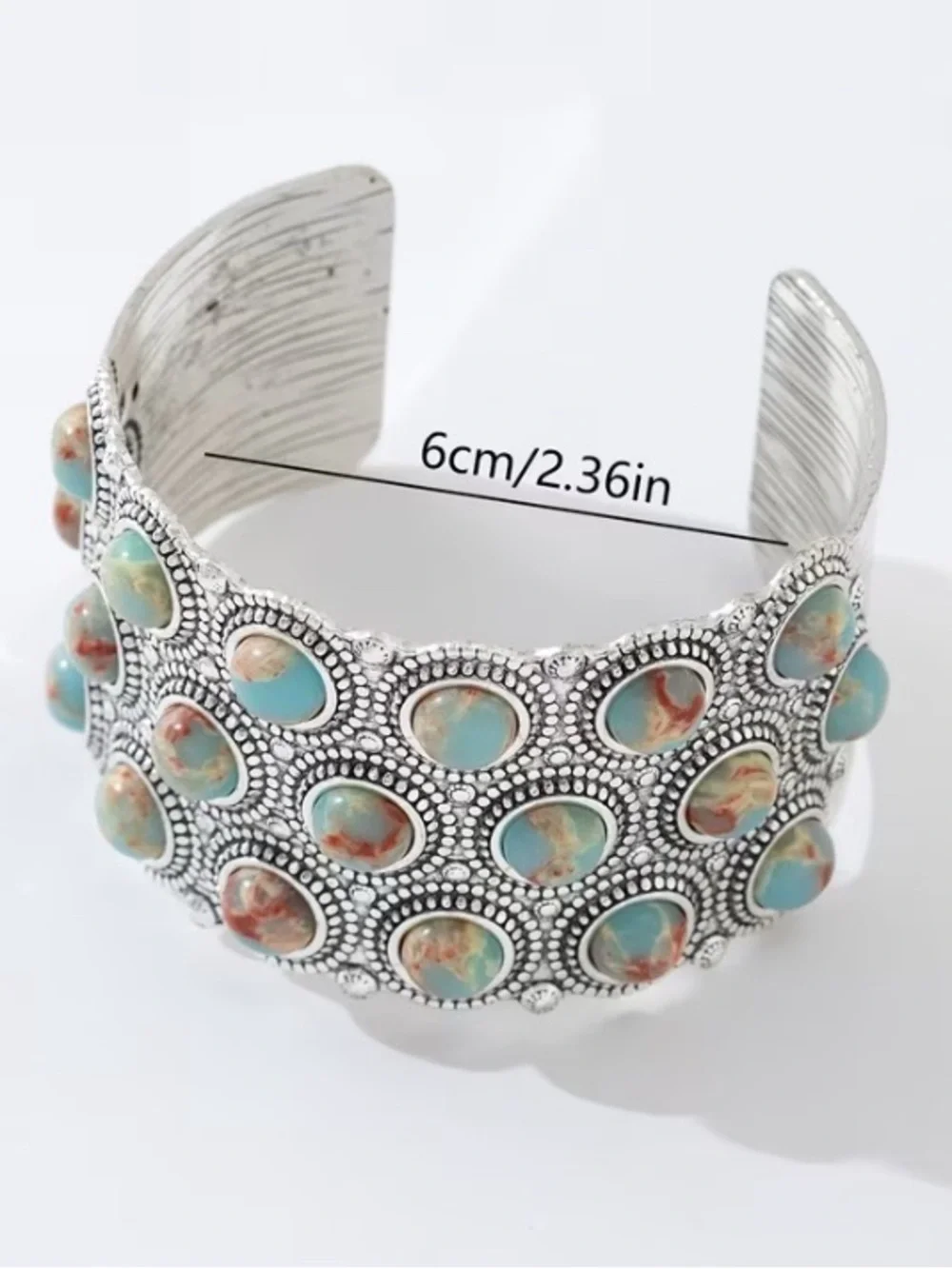 Turquoise Stone Silver-Tone Cuff Bracelet - Women Jewelry - Picture 3 of 5